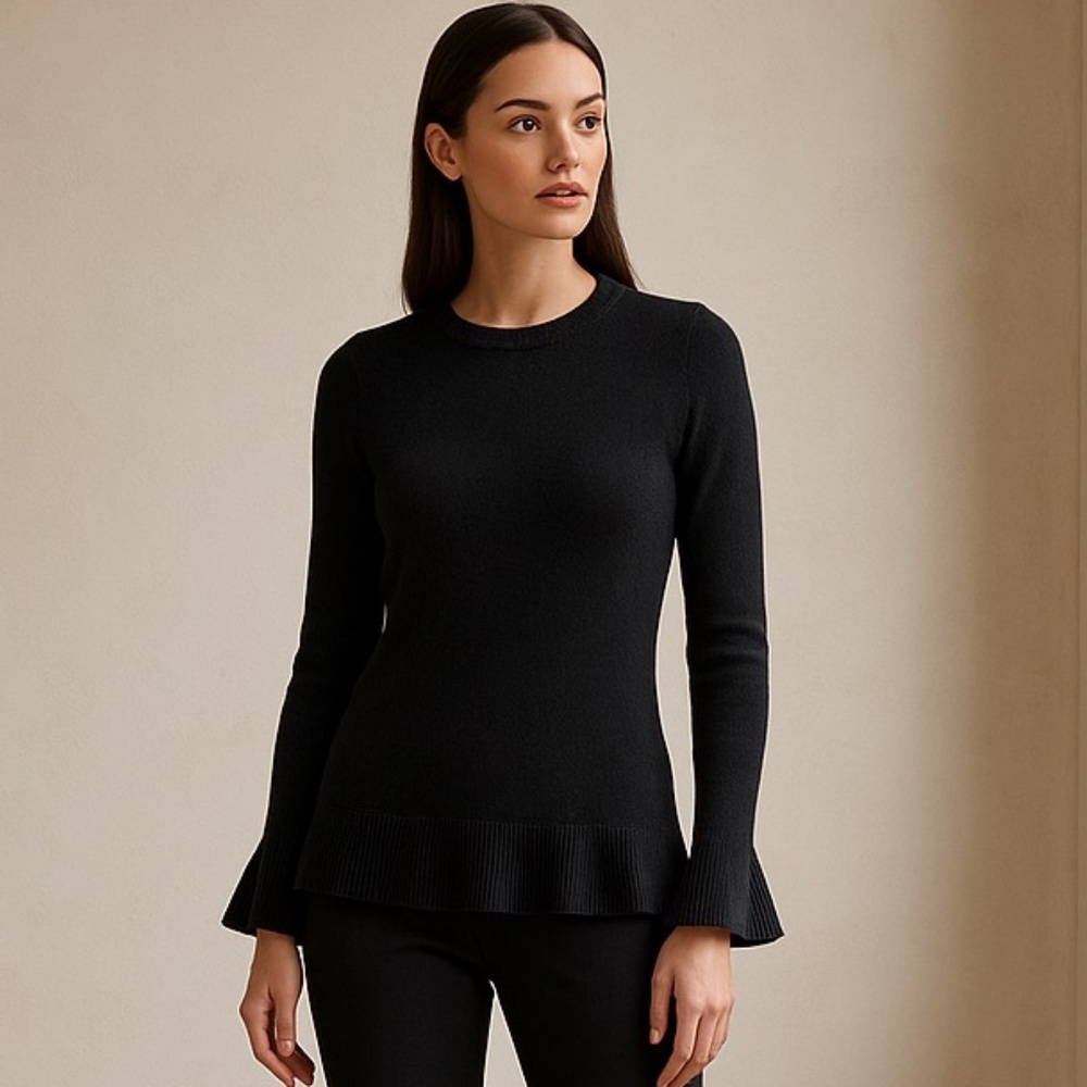 J.McLaughlin Small Black Cashmere Ruffle‎ Hem Sweater Long Sleeve Crewneck